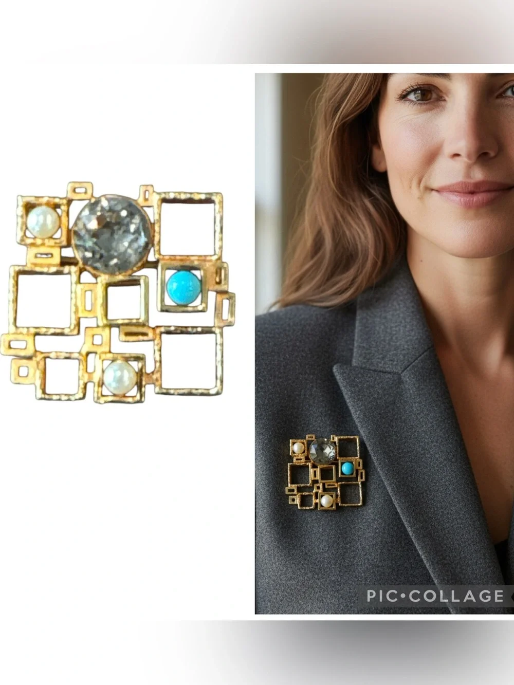Vintage Mid Century Modern Geometric Gold Tone Blue Crystal Brooch Pin